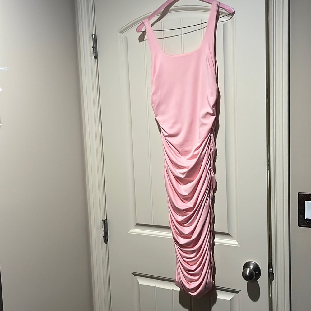 Baby pink dress, size small, ruched back, very stretchy,